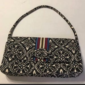 Vera Bradley Barcelona Hand bag Shoulder Purse Black White Multi Stripe EUC